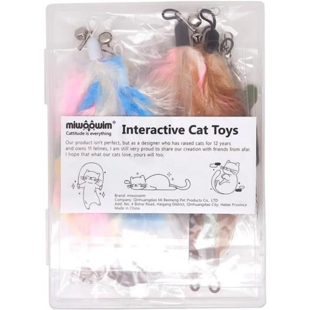 12 Pack Cat Wand Feather Toy Refills with Bells Natural Feather Replacement